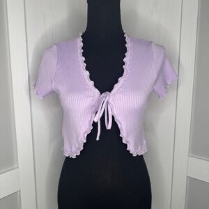 Saints 21 Cardigan Women‎ Medium Lilac Ribbed Lettuce Edge Front Tie Crop Top